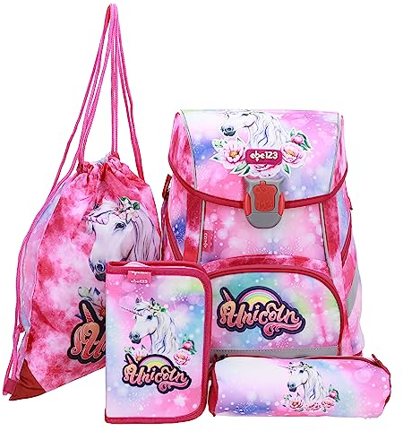 Einhorn Schulranzen Set für Mädchen 1 Klasse | Tornister Schulrucksack für Grundschule | super leicht | ergonomisch und anatomisch ! inkl. Federmäppchen Sportbeutel Stiftetui