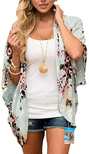 YULOONG Damenmode Bademode Vertuschung Chiffon Blumendruck Kimono Lose Schal Strickjacke Sommer Bluse Bademode Capes, Grün, S