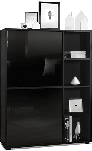 Vladon Buffet Haut Cuba avec 8 Compartiments, Caisson en Noir Mat/Façades en Noir laqué Haute Brillance