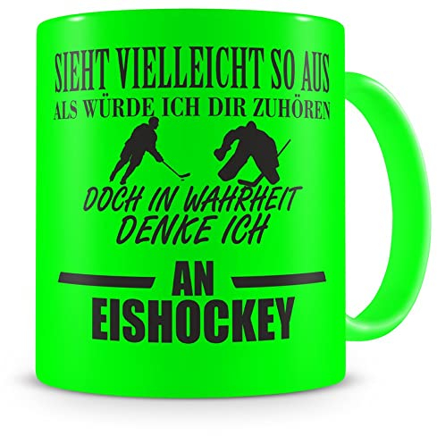 Samunshi® Ich denke an Eishockey Tasse Kaffeetasse Teetasse Kaffeepott Kaffeebecher Becher H:95mm/D:82mm neon grün