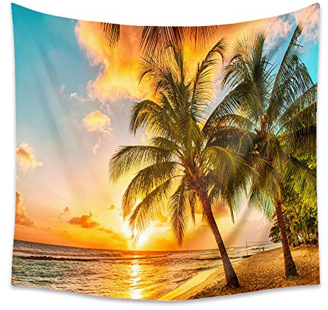 Lsimeru Meerblick Wandteppich Meer Palmen Strand 150x200 Wandbehang Natur Landschaft Wandtücher Sonnenuntergang Wandtuch Tapestry Schlafzimmer Wohnzimmer Deko
