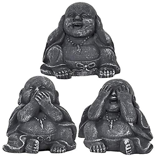 Murago 3er Set Buddha Deko Figuren Buddah Figur Statue Nichts hören sehen Sagen für innen & außen Garten dunkel grau klein Mini Mönch
