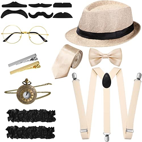 1920er Herren Kostüm Zubehör Set Roaring Retro Gangster Kostüm, Hut, Fliege, Krawatte, Taschenuhr, Hosenträger, Brille, Bart, Ärmelhalter, Krawattenklammern (Einfach Stil, Altweiß)