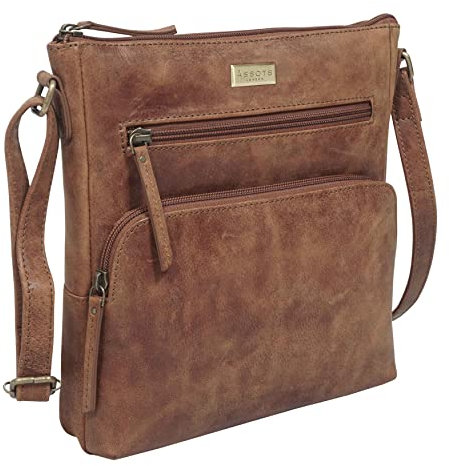 ASSOTS Leather Crossbody Bag for Women – Triple Zip Crossover Purse Travel Bag Fits iPad Pro 11” (Agatha - Tan Distressed)