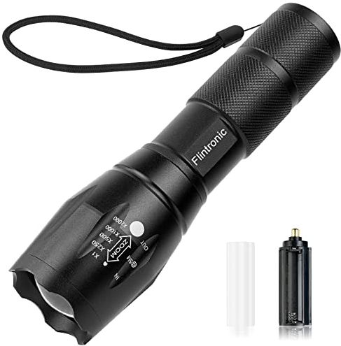 flintronic Linterna LED de Alta Potencia, 1 x Linternas LED con 1 x Convertidores de Batería, 2000Lúmenes 5Modos Impermeable Zoomable Ultra Brillante Linterna Táctica para Acampar (sin Batería)