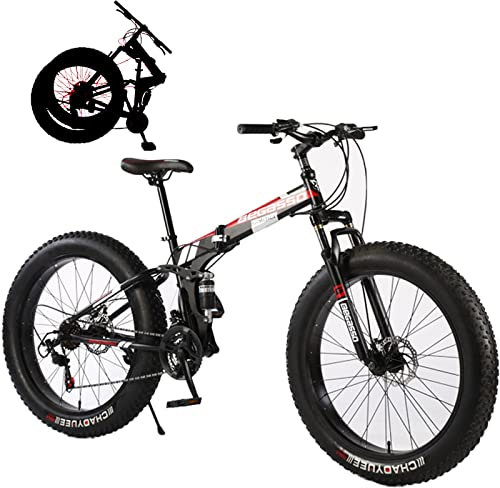 Neumáticos Gordos Fette Reifen Faltrad-Klapprad für Erwachsene Discbremse Faltfahrrad-Herren-Damen 21 Gang Kettenschaltung Folding City Bike Rahmen Aus Kohlenstoffstahl,Black,24inch