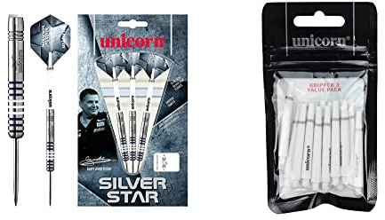Unicorn Silver Star Gary Anderson Steel Dart, 80% Tungsten, 23g & Gripper 3 Schaft, Medium, 5 Stück, weiß, Medium-44.2mm
