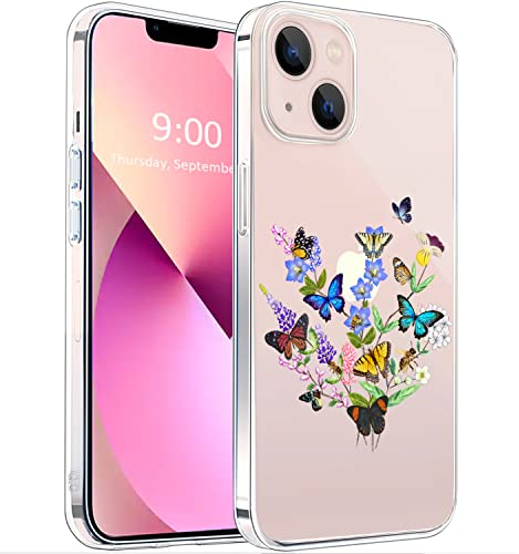 Unov Case Compatible with iPhone 13 Mini Case Clear with Pattern Slim Protective Soft TPU Bumper Embossed Design 5.4 Inch (Flower Butterfly)