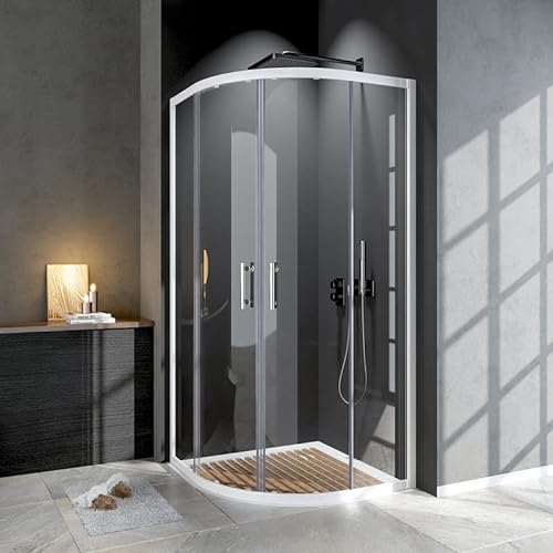 WDWRITTI Duschkabine Runddusche Duschkabine Schiebetüren 90x90x185 cm Eckeinstieg Viertelkreis Schiebetür Dusche mit 5 mm Gehärtetes Glas Duschkabine Schiebetür