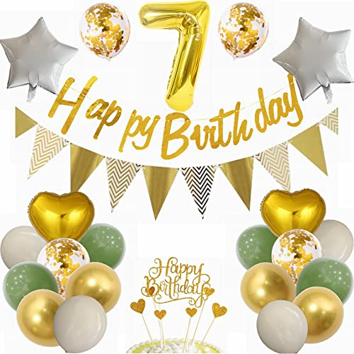 Yunchu Online Luftballon 7. Geburtstag Dekoration für Junge und Mädchen - Grün und Gold Party Deko Set - Geschenk für 7 Jahre