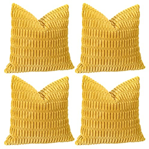 Sungeek 4er Set Kordsamt Kissenbezüge, Dekorativ Zierkissenbezüge Weich Kissenbezug Dekokissen Sofakissen Couchkissen Deko Bezug Kissenhülle für Sofa Schlafzimmer Wohnzimmer (Gelb, 45x45 cm)