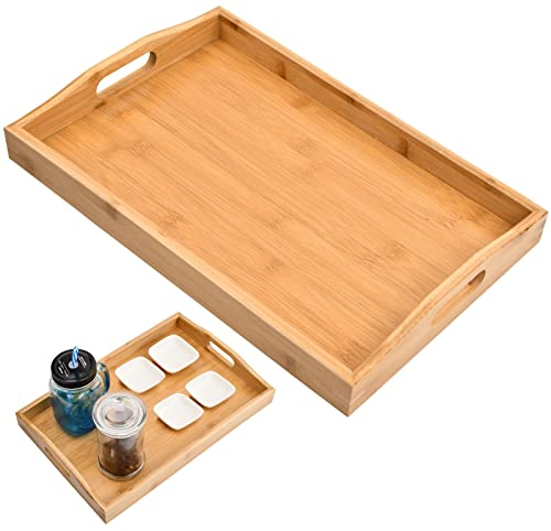 suchkawe Bamboo Serving Tray with Handles, Rectangular Food Serving Tray Bamboo Breakfast Tray for for Serving Coffee, Tea, Breakfast(15x10x2 Inches)