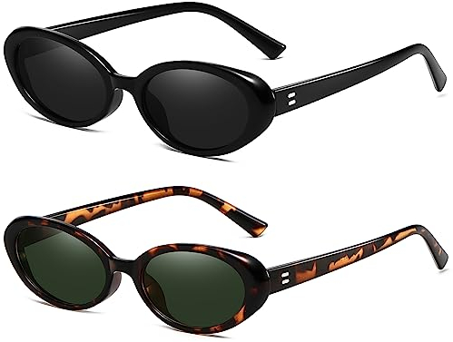 Breaksun Ovale Retro-Sonnenbrille für Damen und Herren, modisch, klein, oval, 90er-Jahre-Stil, Vintage-Schattierungen, 2er-Pack (A1 Schwarz/Grau + Leopard/G15), MM