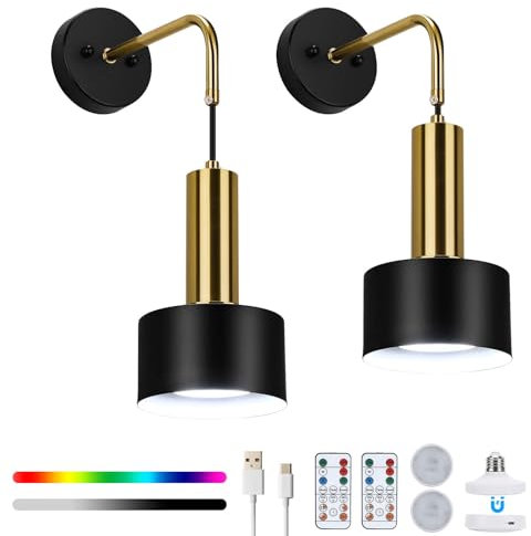 Lightsjoy 2 Pack Battery Operated Wall Lights Rechargeable Wall Sconces Battery Powered Dimmable Wall Light RGB 18 Colors Timing Battery USB Wall Lamp with Remote Control for Bedroom Living Room-Black