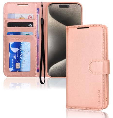 TECHGEAR iPhone 15 Pro Max Leather Wallet Case, Flip Protect Case Cover with Wallet Card Holder, Stand and Wrist Strap, Rose Gold PU Leather with Magnetic Closure Designed for iPhone 15 Pro Max 6.7