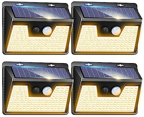 nipify Luces Solares Exterior,【4 Paquete/140 LED】 Luz Solar Exterior Con Sensor De Movimiento Luz Solar Exterior Jardin IP65 Focos Led Exterior Solares Para Jardín,Garaje,Calle,Patio, Blanco Cálido