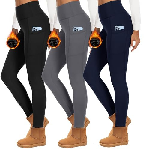 HIPOWER 3er Pack Thermoleggings Damen Mit Taschen Leggings Gefüttert Winter High Waist Fleece Warme Leggins Blickdicht Schwarz Sport Thermounterwäsche Laufhose Yogapants(A-Schwarz+Grau+Navy,S-M)