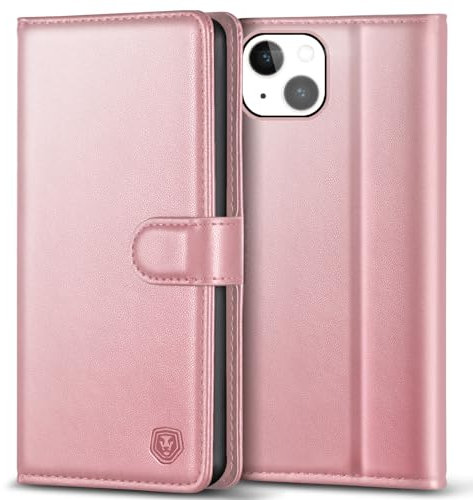 Kuafcase Compatible for iPhone 14 Plus Case with 4 Card Slots Magnetic Closure Kickstand Shockproof Protective Phone Case Compatible for iPhone 14 Plus - Rose Gold