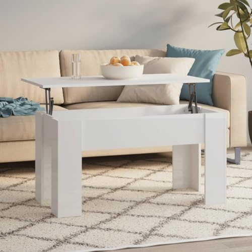FENLAX Lift Top Couchtisch aus Holzwerkstoff 101x49x52 cm Hochglanz-Weiß Sofatisch Höhenverstellbar Wohnzimmer Tisch für Couch Couchtisch Höhenverstellbar Center Table Stubentisch Beistelltisch