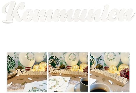 Oblique Unique® Schriftzug Kommunion oder Konfirmation aus Holz Tischdeko Deko für Kommunion Konfirmation von Junge Mädchen (Kommunion - Weiß)