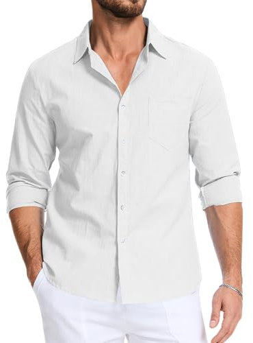 LVCBL Men's Linen Cotton Shirts Long Sleeve Summer Button Down Shirts White 3XL