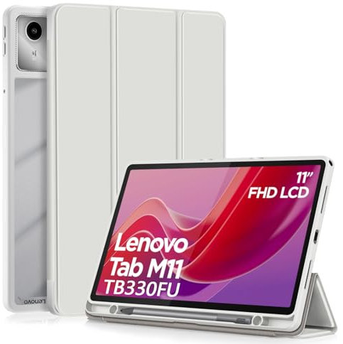 XLTTONG Case for Lenovo Tab M11 11 Inch 2024 with Pen Holder,Clear Transparent Hard PC Back Cover Smart Trifold Stand Case for Lenovo M11,Auto Wake/Sleep (Grey)