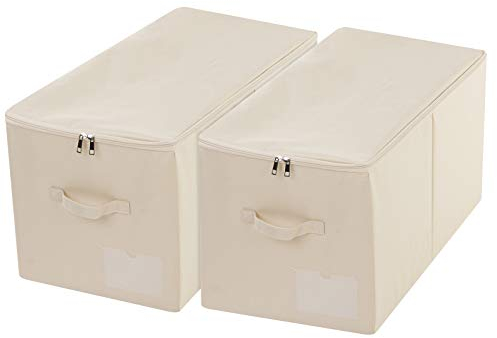 Amonsen 2 Stück große faltbare Stoffaufbewahrungsboxen mit Reißverschlussdeckel für Queen/King Size Bettwäsche, Winterkleidung im Schlafzimmer Kleiderschrank, Beige