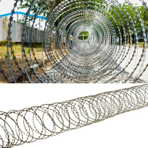 Double Spiral Razor Wire for Chain Link Fences/Top of Walls, 10 20 30 40 50 60 70 80 90 100 M Galvanized Razor Ribbon Barbed Wire Fence for Farm Courtyard Garden Factory Balcony (Color : Roll Dia 45