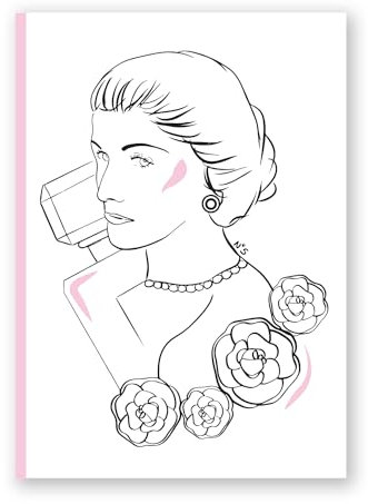 La Gata Zurda A5-Notizbuch, Coco Chanel, Notizbuch, illustriertes Cover, 100 Seiten, 90 g/m², 21 x 15 cm, weiße Seiten, Illustration, Design und Mode
