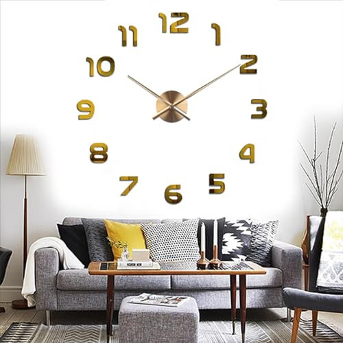 Yolistar Moderne Wanduhr Spiegel Aufkleber DIY, 3D Acryl Wanduhren Wandtattoos Dekoration, Stumm Einfach zu Montieren Quarzuhr für Zuhause, Büro, Hotel, Arabische Ziffern Gold Groß