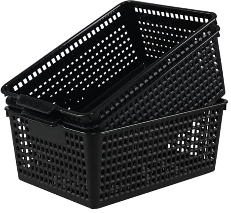 Guankan 3 Pack Large Plastic Storage Baskets, Black Cupboard Storage Baskets