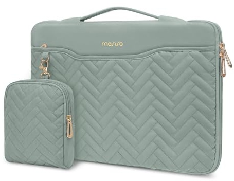 MOSISO 13-14 inch 360 Protective Laptop Case, 13.3 inch Laptop Sleeve Compatible with MacBook Air/Pro 13 13.6/Pro 14, HP, Dell, ASUS, Rectangle Quilted Bag with Handle&Pocket&Small Case, Antique Green