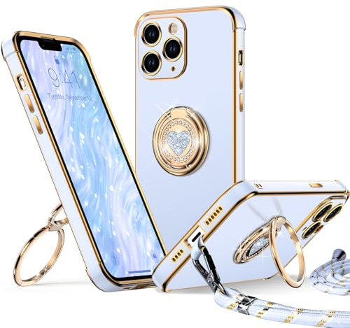 XYZ Cover per iPhone 11 Pro Max con Supporto, Custodia con Doppio Anello a Forma di Cuore con Cordino per Ragazze e Donne, Custodia Protettiva di Lusso per iPhone 11 Pro Max, Blu