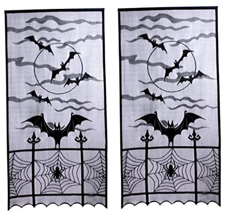 2pcs schwarze Spitze Halloween Türdekorationen Fenstervorhänge, schwarze Netzvorhänge für Fenster, Spinnennetz -Fledermäuse Tür Vorhang ein Dekor für gruselige Halloween Holiday Party Dekoration