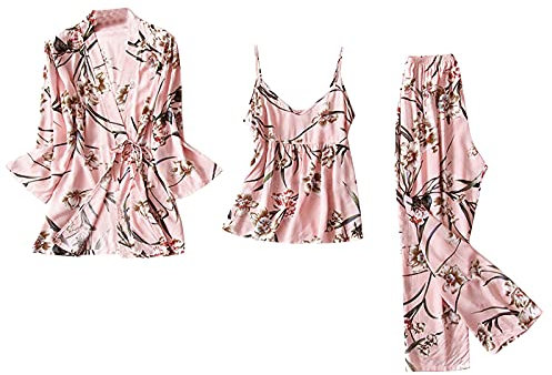 Women Pajamas Sets Satin Large - Womens 3 Piece Pyjamas Set V-Neck Silk Robes Lightweight Nightgown Womens Pj Set Ladies Nightwear Satin Pajamas Lace Nighties Dressing Gown Nightdress Women Sleepwear