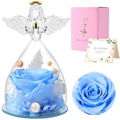 Cadeaux de Roses Eternelles pour Elle, Cadeau Femme Roses Préservées dans des Figurines d'ange en Verre, Anges de Fleurs pour Maman Grand-mère, Epouse, Sœur, Petite Amie (Bleu Ciel)