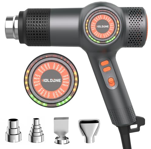 Holdone - 1800W Fast Heating Heat Gun, 1650°F - 1400°F, 3 Color LED Light to Display Temperature, Retractable Heat Gun with 4 Nozzles for Softening, Film