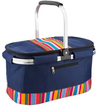 HOMESHOPA 35 Litre Insulated Picnic Basket With Lid, Red Multi Stripe Foldable Thermal Cooler Bag Hard Liner, Upright Standing Box for Outdoor Camping, Travel, Portable & Collapsible Shopping Hamper