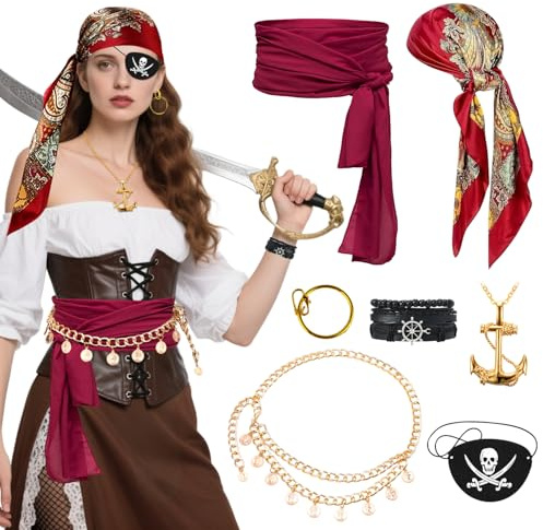Bukbas Piratenkostüm Damen, 7 Piezas Pirate Accessories | Pirate Scarf, Waist Chain, Parche, Pulsera, Cinturón, Pendientes Collar para Disfraz Halloween Karneval Cosplay Party