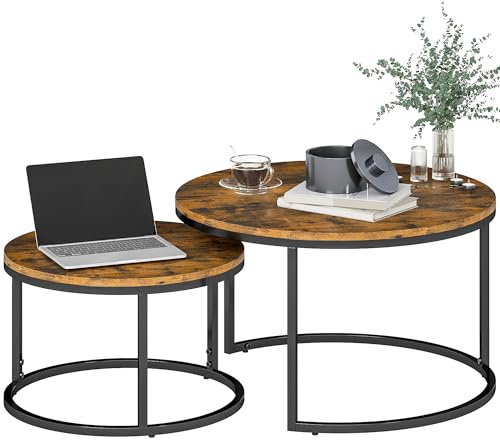 HOMCOM Round Nesting Coffee Table Set of 2, Large Stacking End Side Table with Steel Frame for Living Room, Bedroom, Home Office, 78.5 x 78.5 x 46.5 cm, Rustic Brown