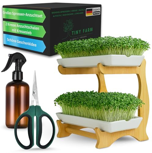 Design Kresse Anzuchtset 2 Ebenen aus Keramik – 7-TLG. Sprossen Anzuchtset mit Holzständer für Microgreens, inkl. Schere & Sprühflasche – Keramik Kresse Anzuchtschalen und Kressesieb aus Edelstahl