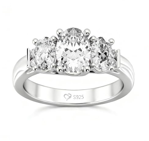 Damen Moissanit Ovalschliff Band Ring 925 Sterling Silber Ehering mit drei Stein Verlobungsring Vintage Modern Silberring Tauring für Frauen Hochzeit Valentinstag