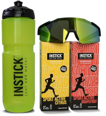 INSTICK Sport Bundle – hellgrüne Fahrradflasche 0,8 L + Sportbrille schwarz + 2 Sportgetränkepulver Citrus & Grapefruit – Zuckerfrei, mit Vitaminen & Mineralstoffen – ideal für Fitness & Outdoor