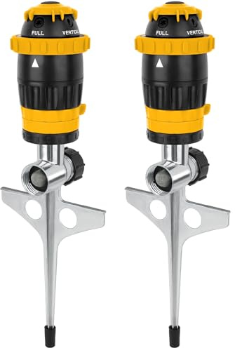 RESTMO 2er-Pack Rasensprenger, Getriebe-Sprinkler & Impulsregner | Metallspike-Basis, 5 Muster, Sprühdurchmesser 15m (180m²/Stk), wetterfest, erweiterbar, für Rasen & Beete, Gelb