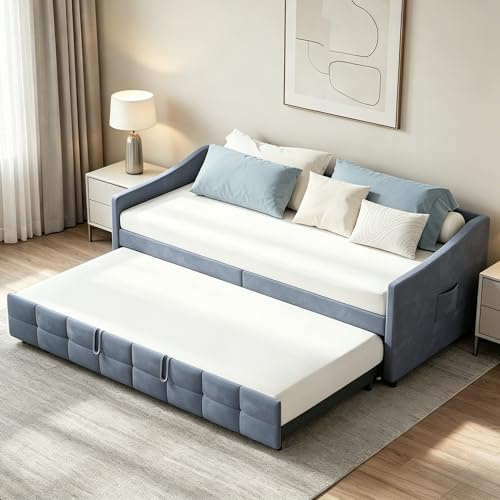 HFASD Ausziehbares Schlafsofa 90/180 x 200 cm, Tagesbett Ausziehbar mit Lattenrost, Ausziehbett mit Seitentasche, Daybett Ausziehbar, Funktionsbett, Flanell, ohne Matratze (Grau)