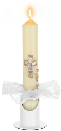 Romadedi Candelabro de comunión de 4 cm con protección antigoteo, soporte para vela de bautizo, comunión, vela – Portavelas de metal blanco para bautizo, primera comunión, confirmación y confirmación