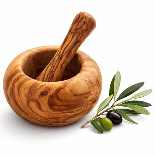 Mortero de madera de olivo natural para servicio de cocina, especias y hierbas, hecho a mano, 16 cm
