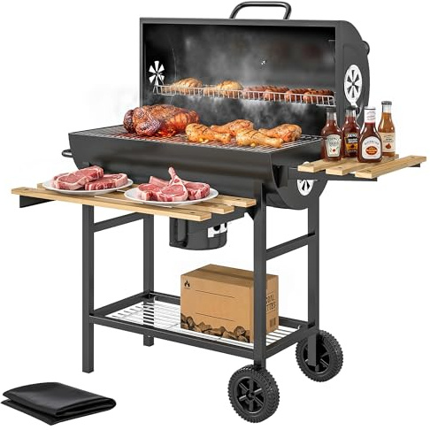 Outsunny Charcoal Grill, Barrel BBQ Smoker with Warming Rack, Movable Charcoal BBQ Grill with Foldable Shelves, Thermometer, Wheels for Outdoor Cooking, Camping Party, Natural Wood and Black