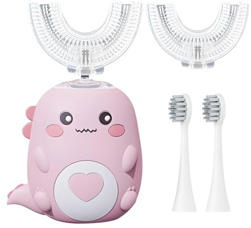 Fiotha Brosse à Dents en Forme de U pour Enfants, 360°Brosse à Dents Électrique avec 2 Têtes de Brosses en Silicone en Forme de U et 2 Têtes de Brosses Standard, Brosse A Dent Enfant 2-12 Ans (B)