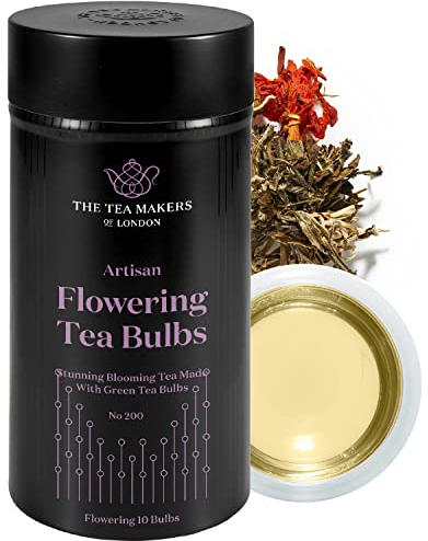 Flowering Tea Bulbs - Natural Blend of Green Tea, Jasmine Flowers, Rose Buds & More - Sweet Floral Notes & Subtle Fruity Flavour by The Tea Makers of London - 10 Bulbs Caddy